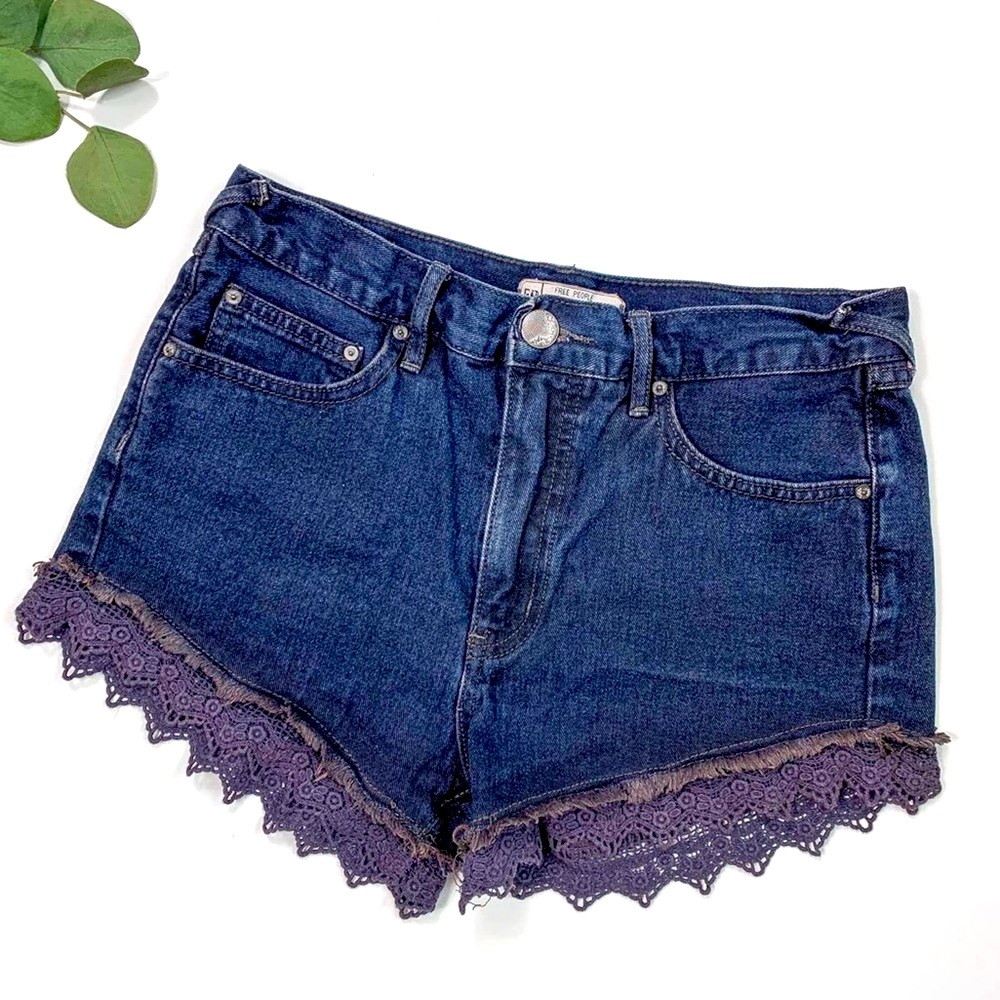 Free People Lace Hem High Rise Jean Shorts Boho Size 27